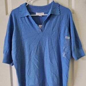 Liz Claiborne Madison Blue Short Sleeve Collared Lightweight Sweater, Size L